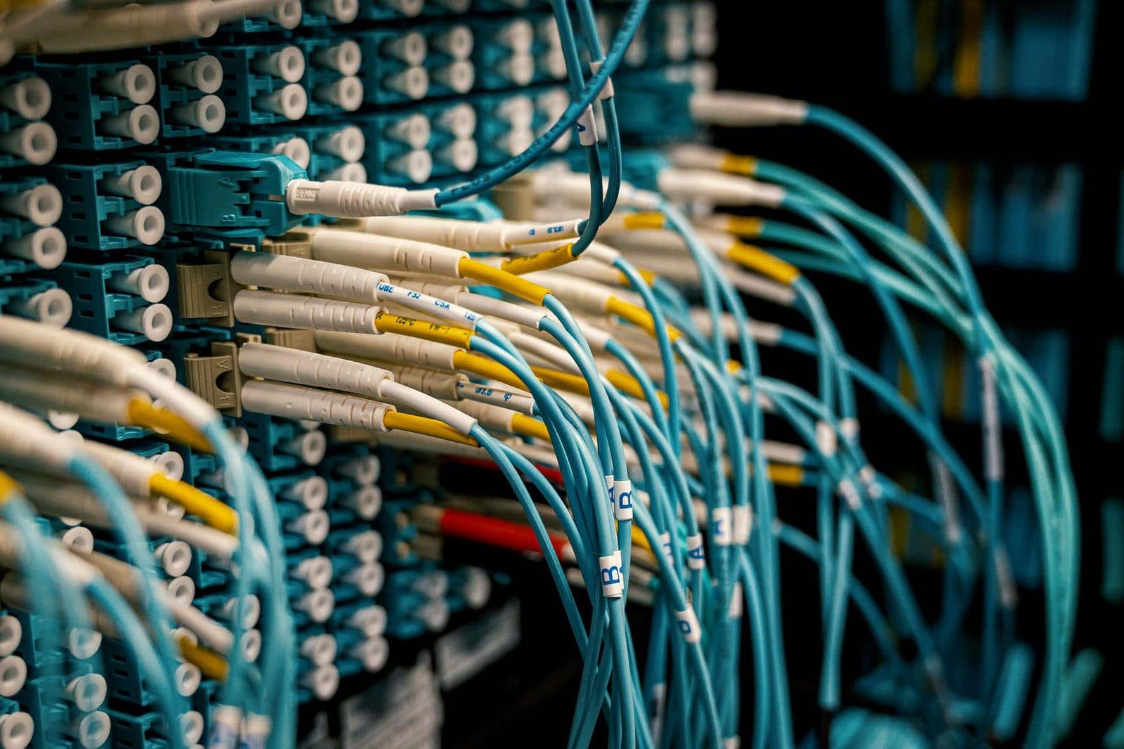 Panel de parcheo con numerosos cables de fibra óptica turquesa conectados a un repartidor de telecomunicaciones