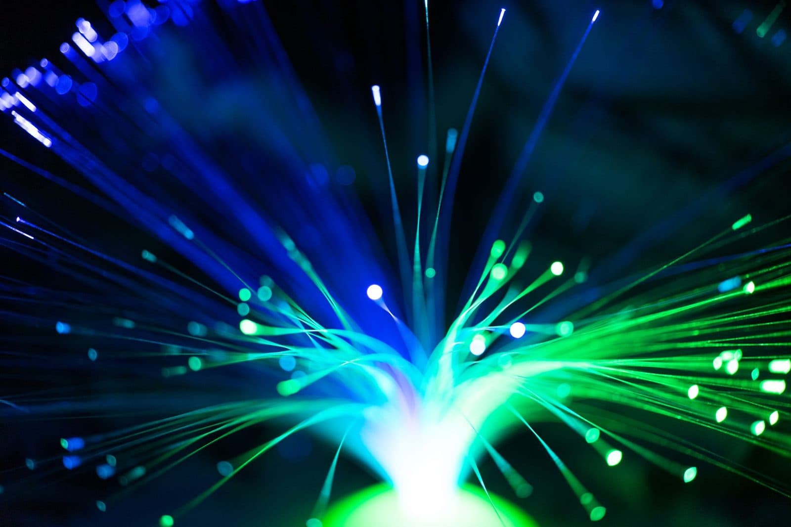 Haz de fibras ópticas iluminadas en azul y verde sobre fondo negro