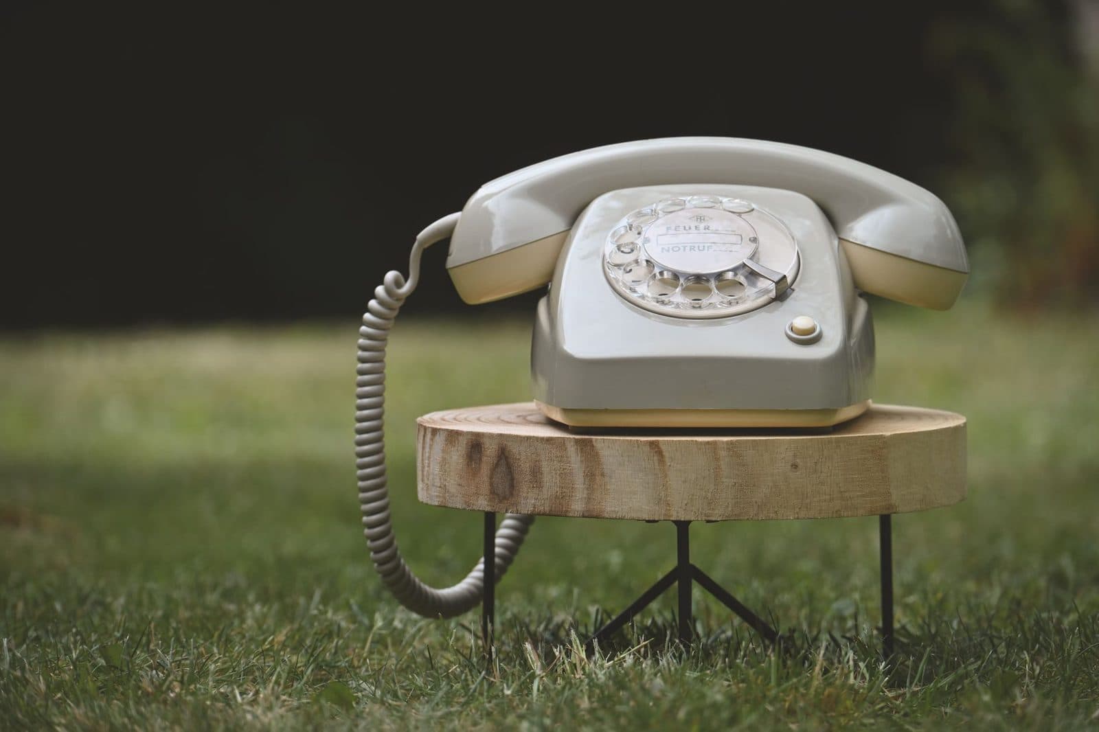 Telefono vintage a disco combinatore appoggiato su una fetta di legno nell'erba