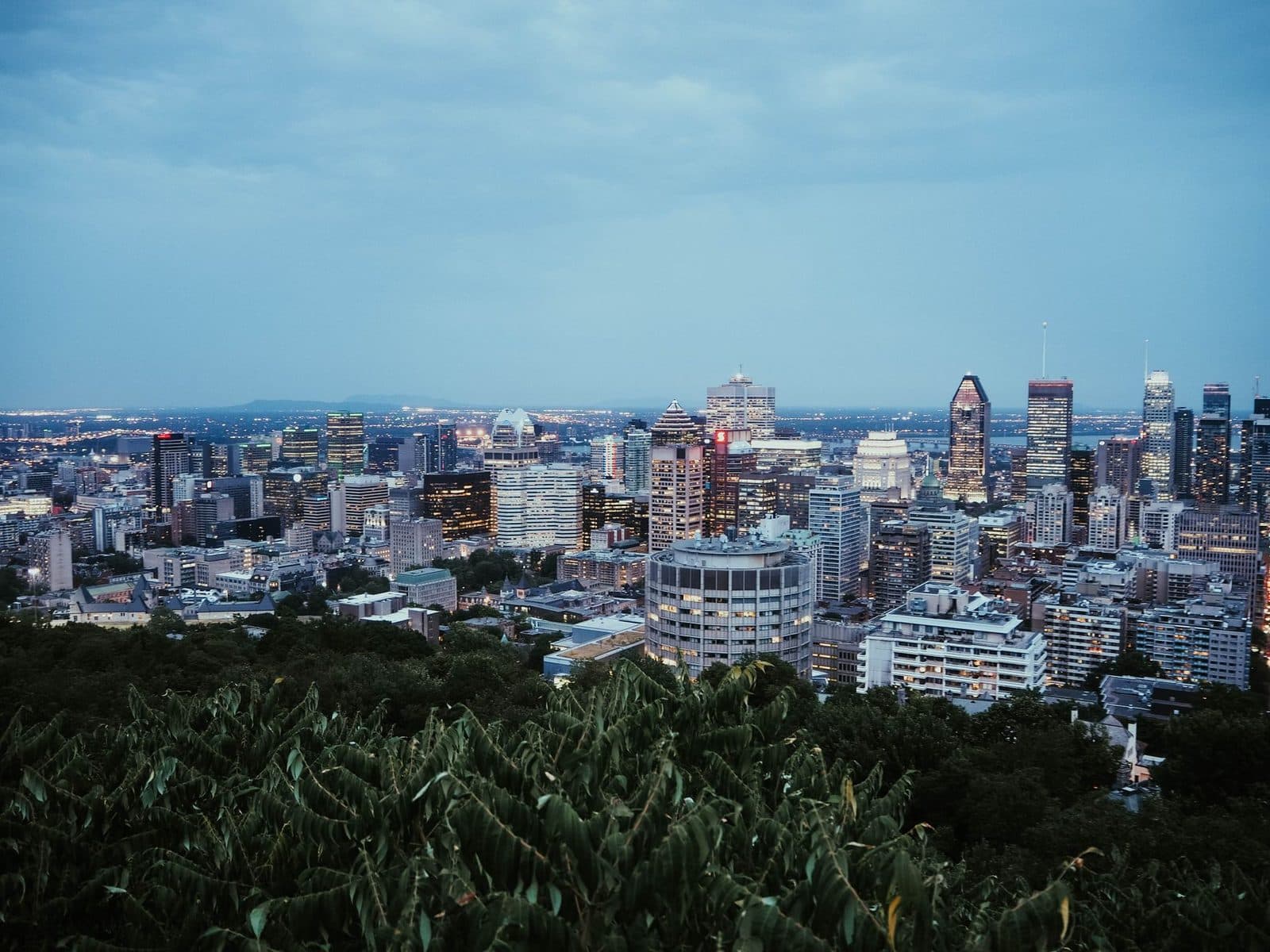 Vue panoramique sur les gratte-ciel du centre-ville de Montréal au crépuscule, depuis une colline boisée